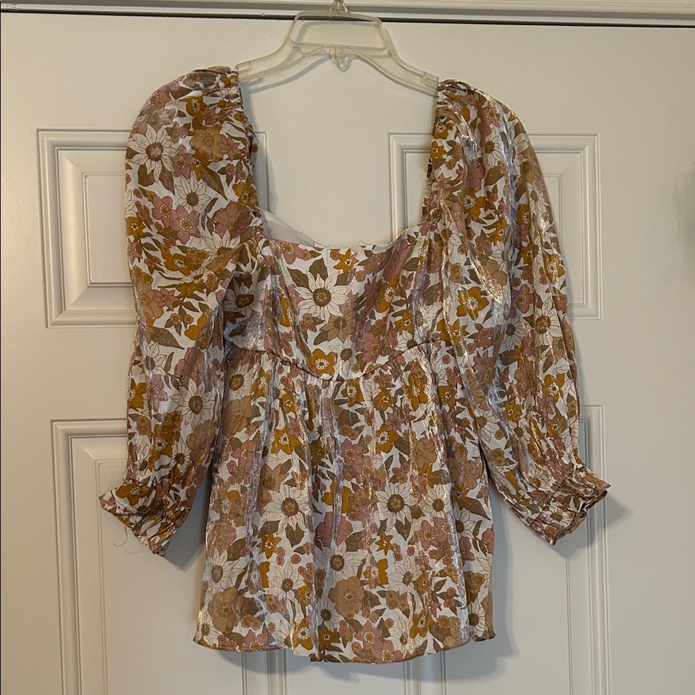 Impressions Babydoll Floral Blouse with Puff 3/4 Sleeves NWT Sz S